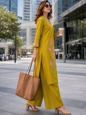 women floral embroidered regular thread work  cotton kurta with palazzos 3