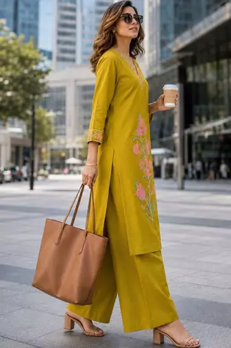 women floral embroidered regular thread work  cotton kurta with palazzos
