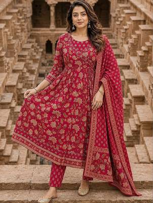 women ethnic motifs printed angrakha  cotton kurta with trousers & with dupatta 1