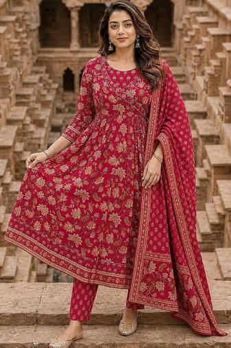 women ethnic motifs printed angrakha  cotton kurta with trousers & with dupatta