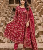women ethnic motifs printed angrakha  cotton kurta with trousers & with dupatta
