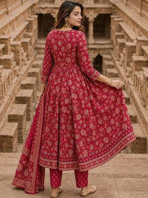 women ethnic motifs printed angrakha  cotton kurta with trousers & with dupatta 3