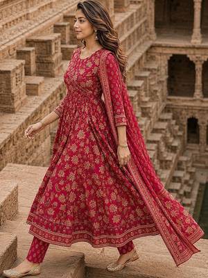 women ethnic motifs printed angrakha  cotton kurta with trousers & with dupatta 4
