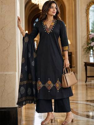 printed v-neck mirror work  cotton kurta with palazzos & dupatta 1
