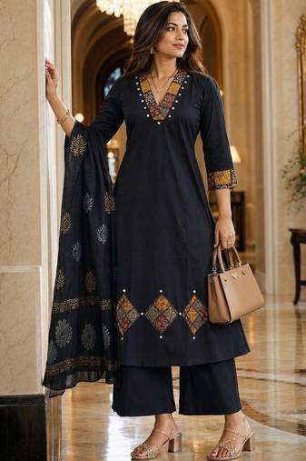 printed v-neck mirror work  cotton kurta with palazzos & dupatta