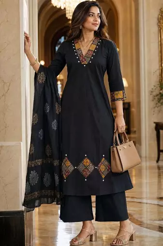 printed v-neck mirror work  cotton kurta with palazzos & dupatta