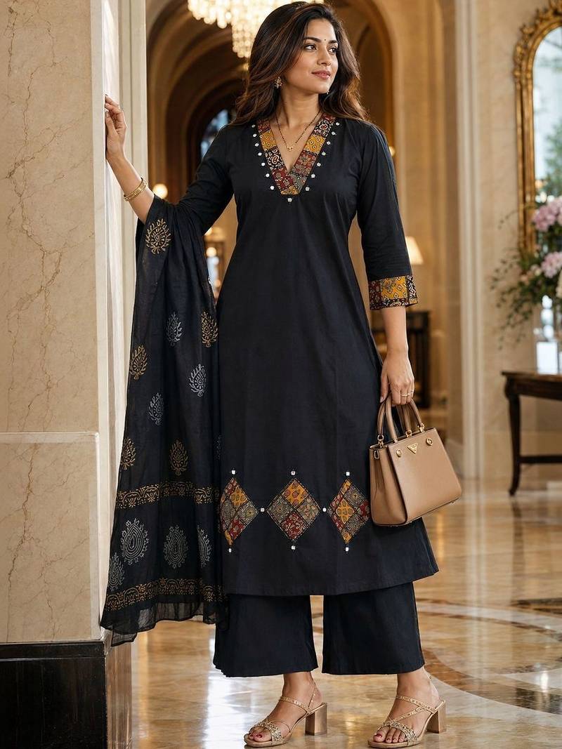 printed v-neck mirror work  cotton kurta with palazzos & dupatta