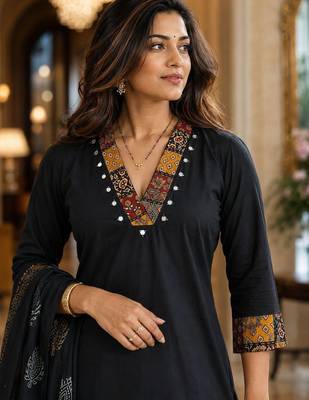 printed v-neck mirror work  cotton kurta with palazzos & dupatta 2