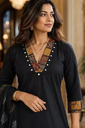 printed v-neck mirror work  cotton kurta with palazzos & dupatta