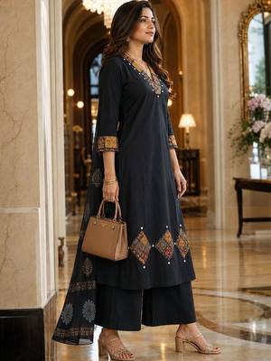 printed v-neck mirror work  cotton kurta with palazzos & dupatta 3