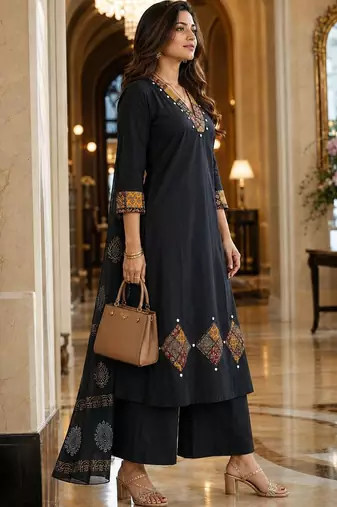 printed v-neck mirror work  cotton kurta with palazzos & dupatta