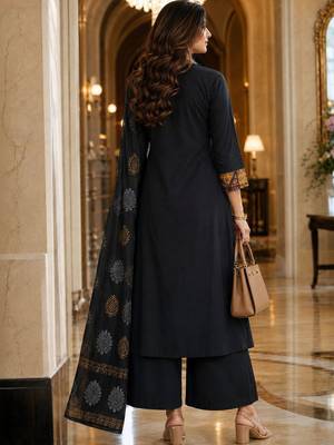 printed v-neck mirror work  cotton kurta with palazzos & dupatta 4