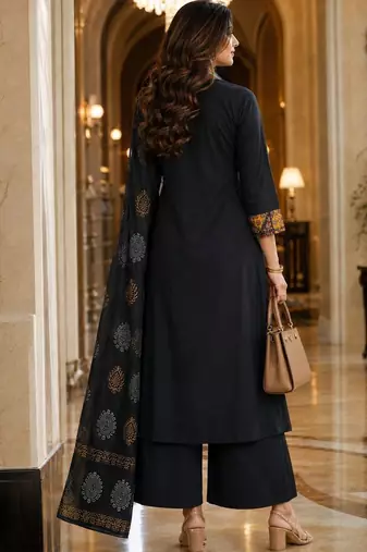 printed v-neck mirror work  cotton kurta with palazzos & dupatta