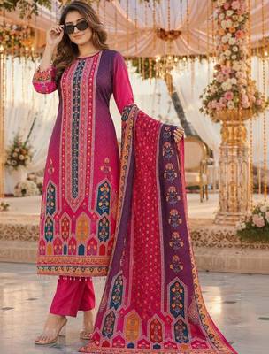 women ethnic motifs printed regular mirror work kurta with trousers & with dupatta 1