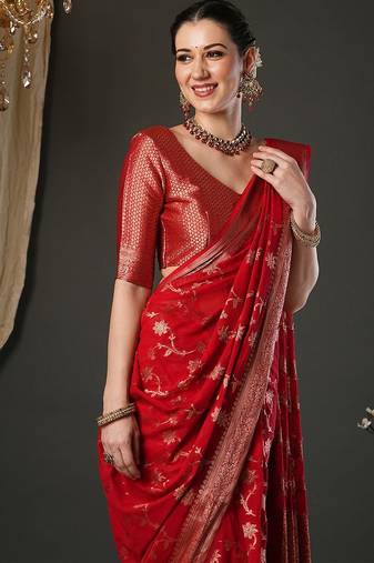 Red woven design zari  georgette banarasi saree