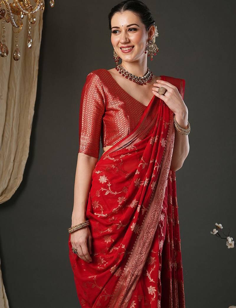 Red woven design zari  georgette banarasi saree