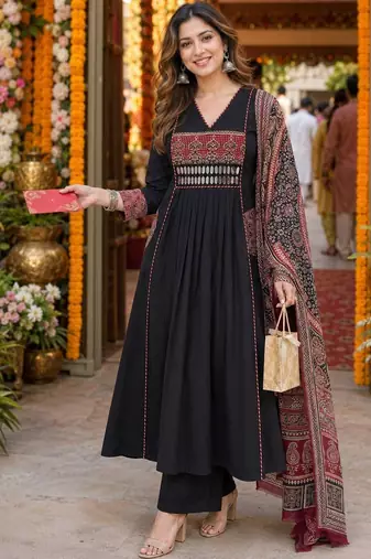 women ethnic motifs embroidered empire mirror work  cotton kurta with palazzos & with