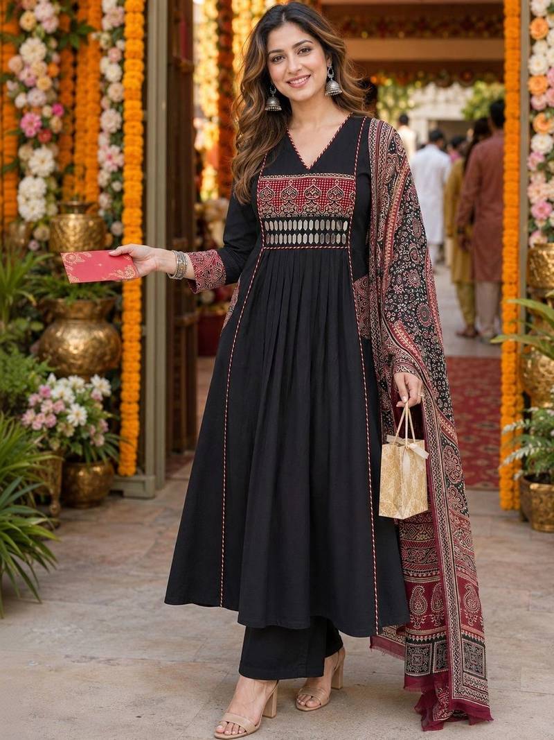 women ethnic motifs embroidered empire mirror work  cotton kurta with palazzos & with