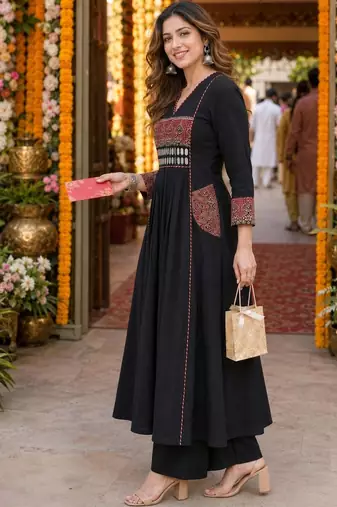 women ethnic motifs embroidered empire mirror work  cotton kurta with palazzos & with
