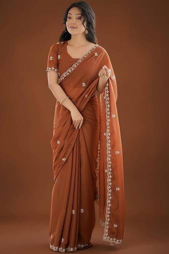 Brown ethnic motifs embroidered  georgette heavy work saree