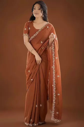 Brown ethnic motifs embroidered  georgette heavy work saree