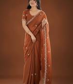Brown ethnic motifs embroidered  georgette heavy work saree