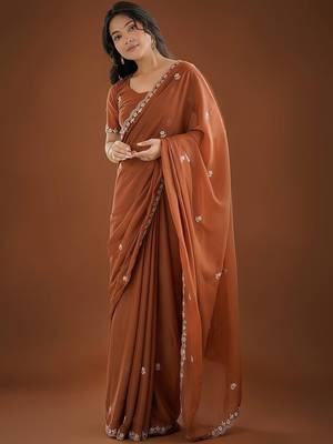 Brown ethnic motifs embroidered  georgette heavy work saree 2