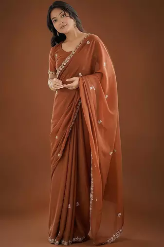 Brown ethnic motifs embroidered  georgette heavy work saree