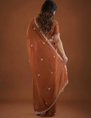 Brown ethnic motifs embroidered  georgette heavy work saree 3