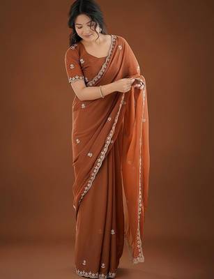 Brown ethnic motifs embroidered  georgette heavy work saree 4