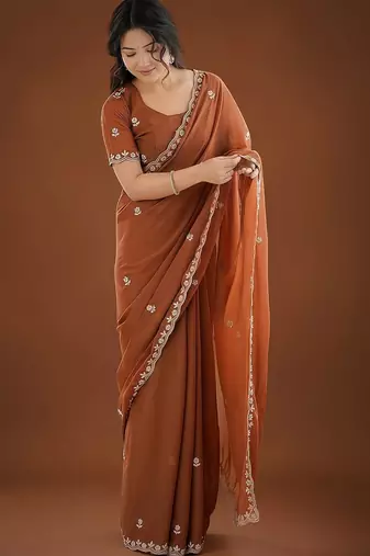 Brown ethnic motifs embroidered  georgette heavy work saree