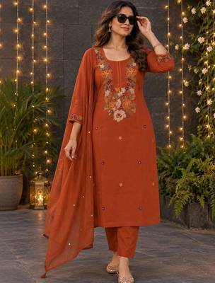women ethnic motifs embroidered regular sequinned  cotton kurta with trousers & with dupatta 1