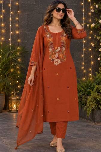 women ethnic motifs embroidered regular sequinned  cotton kurta with trousers & with dupatta