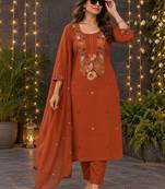women ethnic motifs embroidered regular sequinned  cotton kurta with trousers & with dupatta