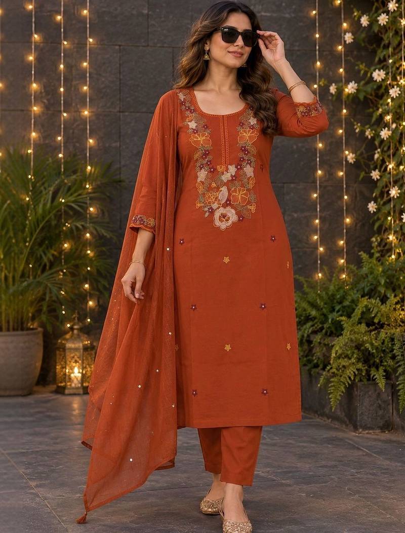 women ethnic motifs embroidered regular sequinned  cotton kurta with trousers & with dupatta