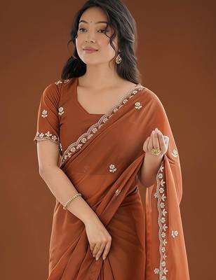 Brown ethnic motifs embroidered  georgette heavy work saree 5