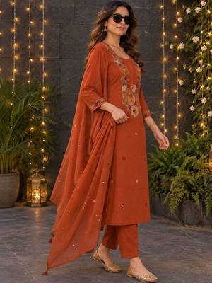 women ethnic motifs embroidered regular sequinned  cotton kurta with trousers & with dupatta 2