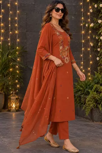 women ethnic motifs embroidered regular sequinned  cotton kurta with trousers & with dupatta