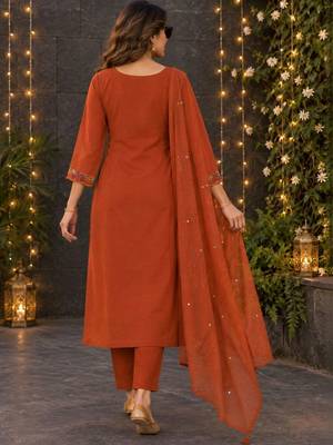 women ethnic motifs embroidered regular sequinned  cotton kurta with trousers & with dupatta 3