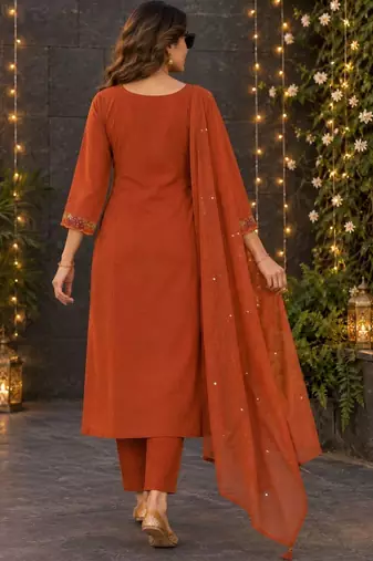 women ethnic motifs embroidered regular sequinned  cotton kurta with trousers & with dupatta