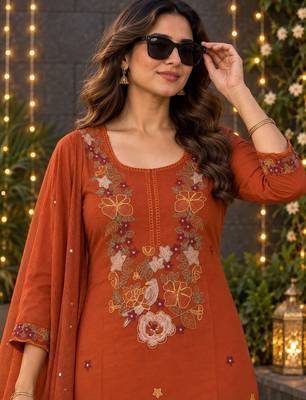 women ethnic motifs embroidered regular sequinned  cotton kurta with trousers & with dupatta 4