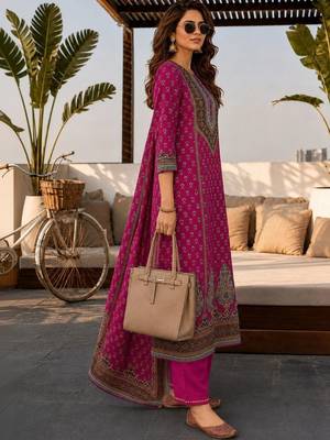 women ethnic motifs printed regular  silk kurta with palazzos & with dupatta 2