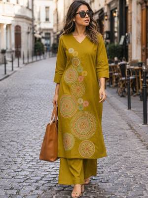 women embroidered regular thread work  cotton kurta with palazzos 1