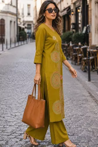 women embroidered regular thread work  cotton kurta with palazzos