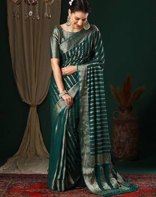 Teal teal striped  georgette zari kanjeevaram saree 1