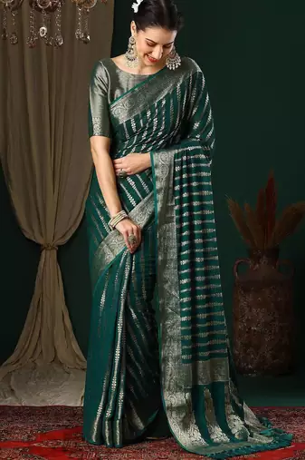 Teal teal striped  georgette zari kanjeevaram saree
