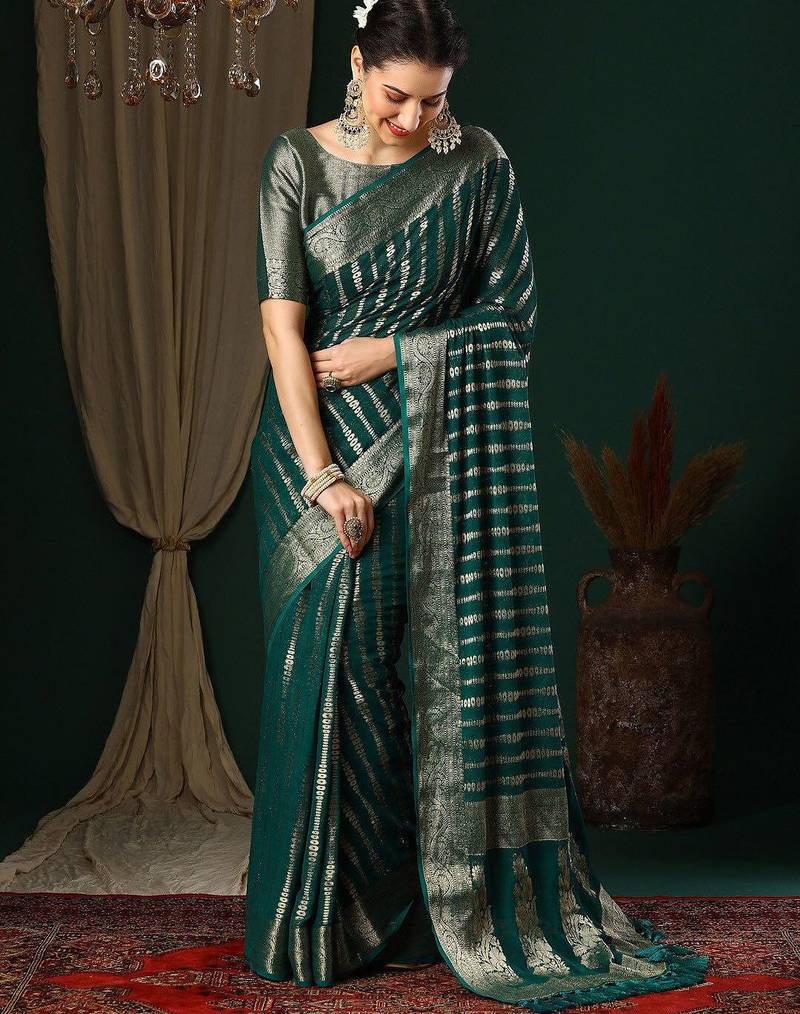 Teal teal striped  georgette zari kanjeevaram saree