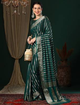 Teal teal striped  georgette zari kanjeevaram saree 2
