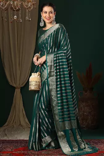 Teal teal striped  georgette zari kanjeevaram saree