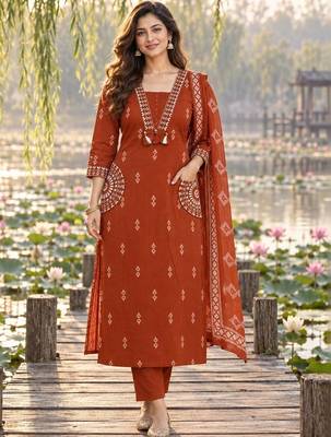 women ethnic motifs printed regular mirror work  cotton kurta with trousers & with dupatta 1